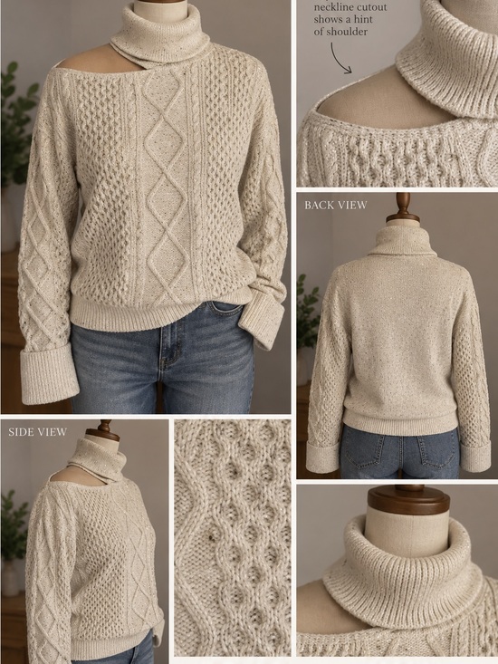 Sophia Jeans Sweaters - Sophia Jeans by Sophia Verga Cream Off-Shoulder Cable Knit Turtleneck Sweater